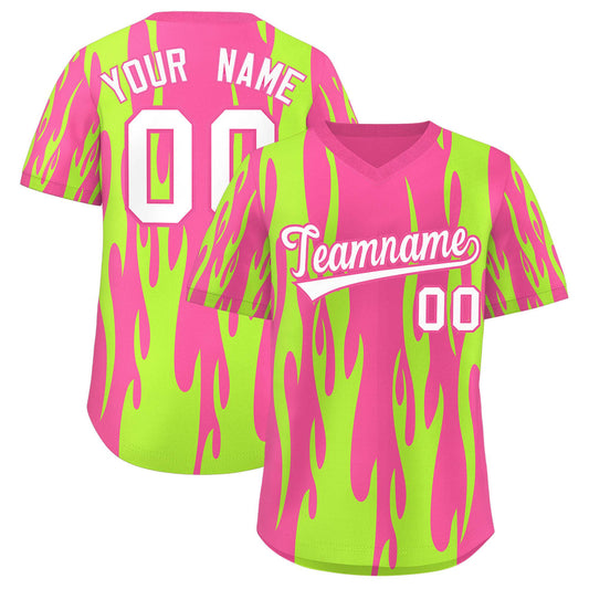 Custom Pink Neon Green Flame Pattern Authentic Pullover Baseball Jersey