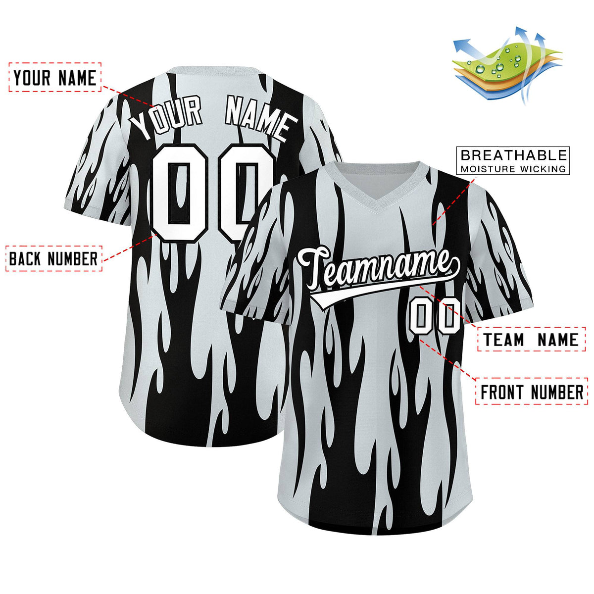 Custom Silver Black Flame Pattern Authentic Pullover Baseball Jersey Limited