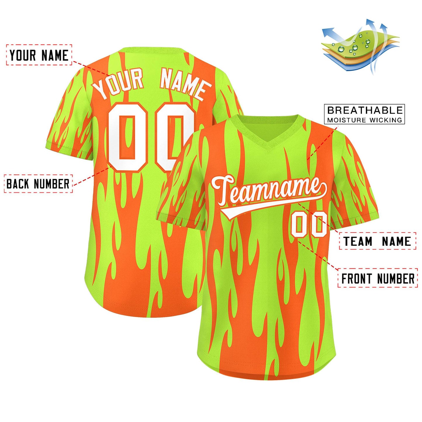Custom Neon Green Orange Flame Pattern Authentic Pullover Baseball Jersey Limited