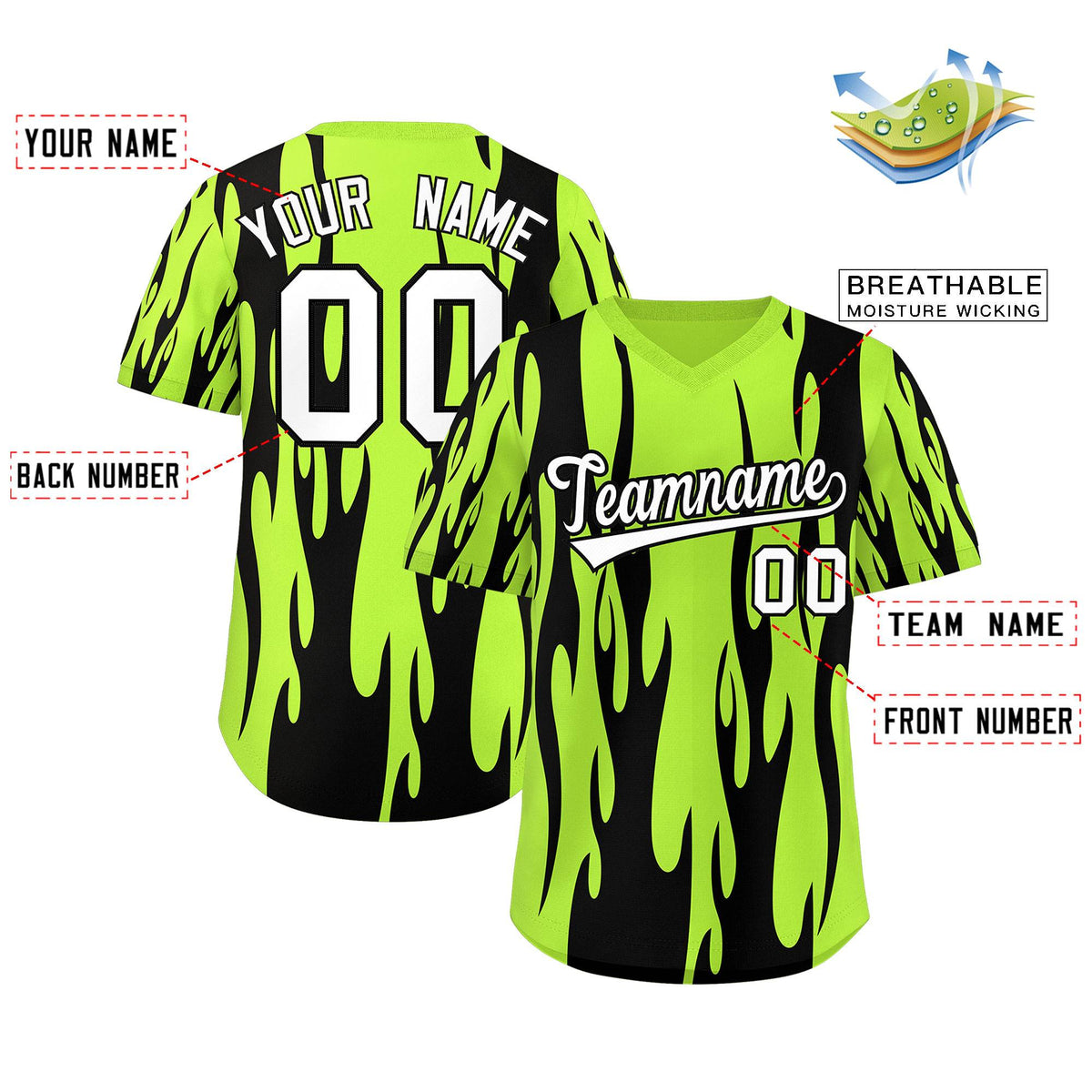 Custom Neon Green Black Flame Pattern Authentic Pullover Baseball Jersey Limited
