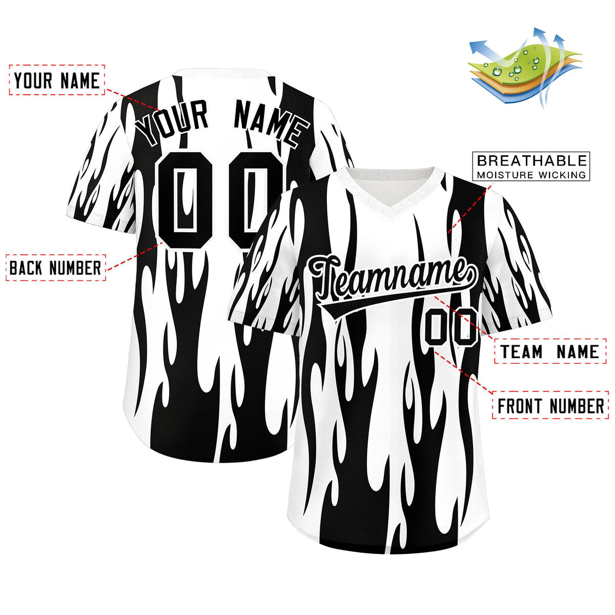 Custom White Black Flame Pattern Authentic Pullover Baseball Jersey Limited