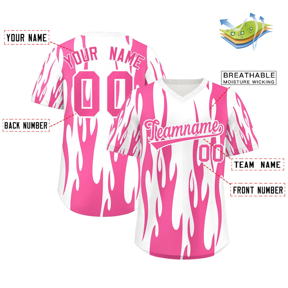 Custom White Pink Flame Pattern Authentic Pullover Baseball Jersey Limited