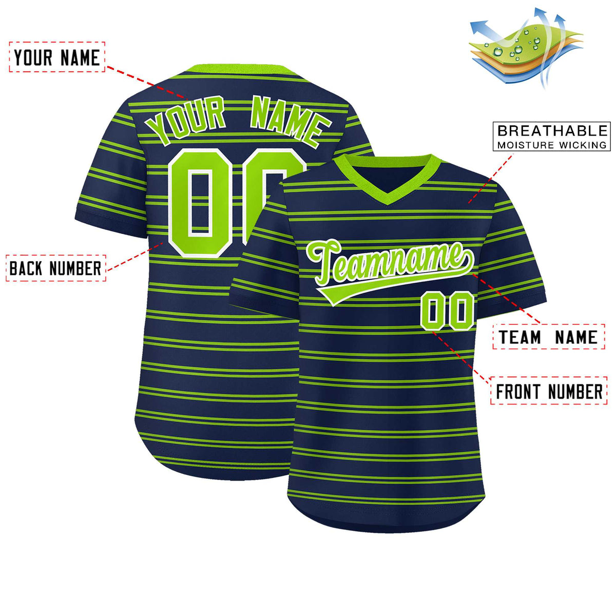 Custom Navy Neon Green Personalized Horizontal Stripe Authentic Pullover Baseball Jersey Limited