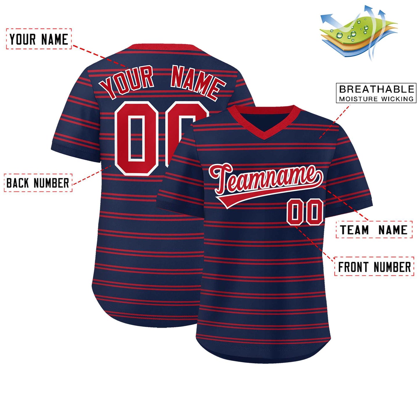 Custom Navy Red Personalized Horizontal Stripe Authentic Pullover Baseball Jersey Limited