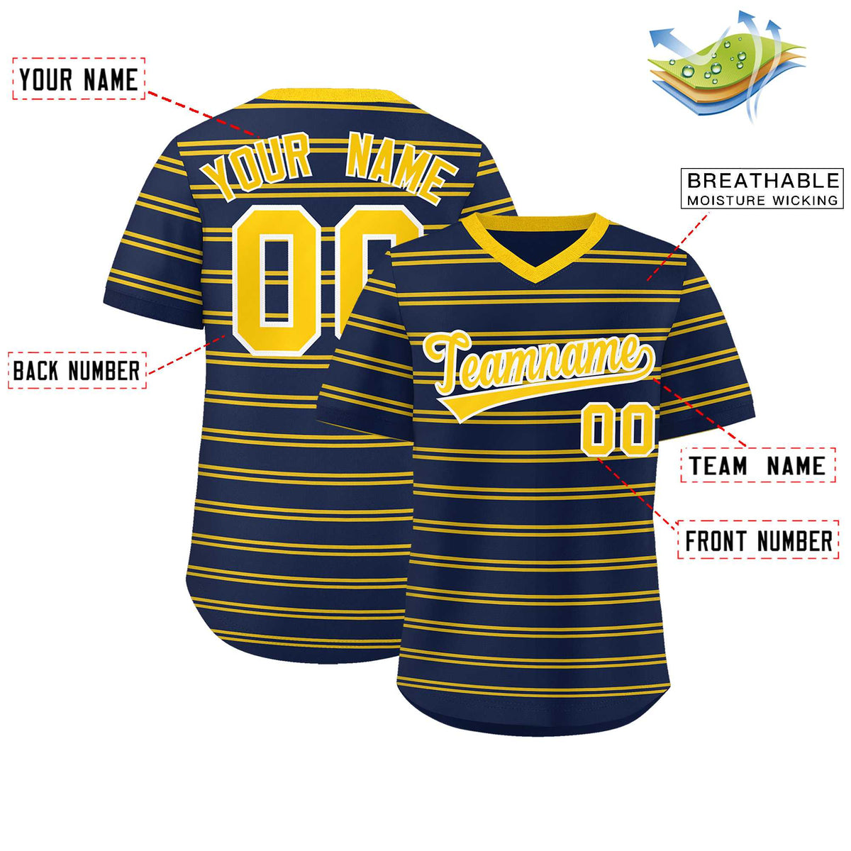 Custom Navy Gold Personalized Horizontal Stripe Authentic Pullover Baseball Jersey Limited