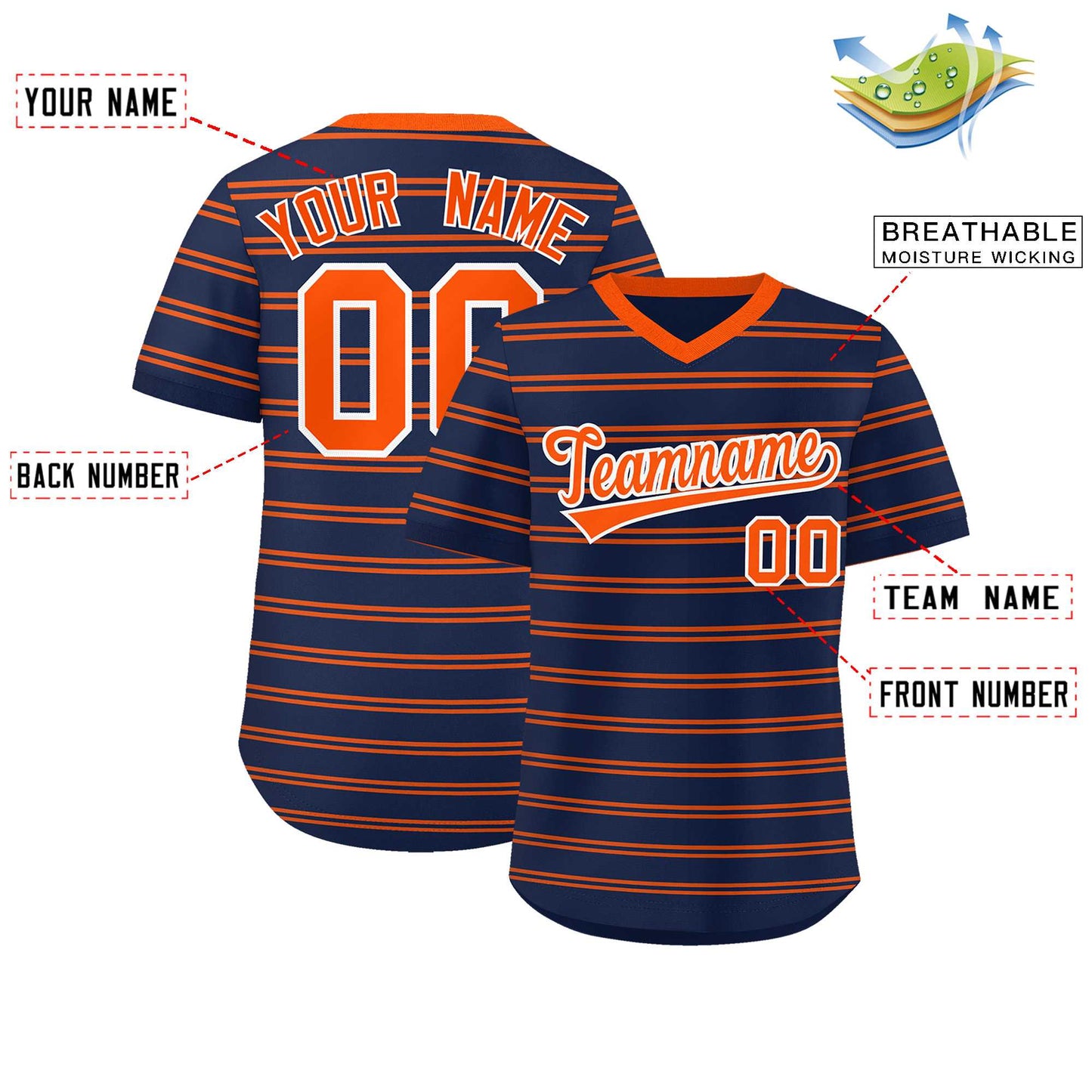 Custom Navy Orange Personalized Horizontal Stripe Authentic Pullover Baseball Jersey Limited