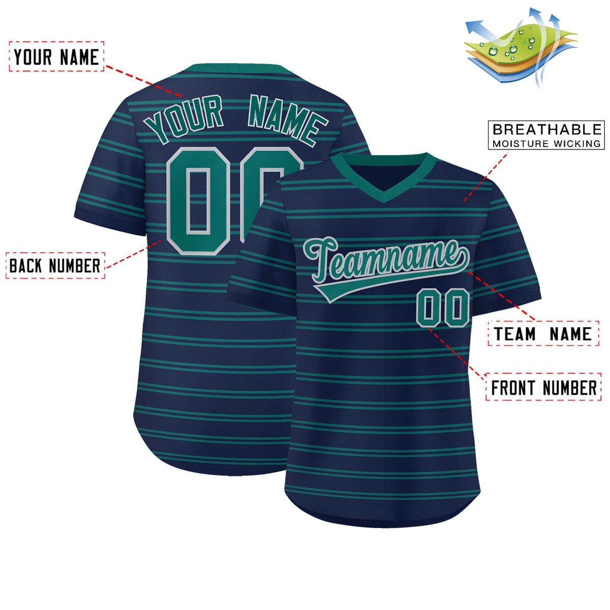 Custom Navy Aqua Personalized Horizontal Stripe Authentic Pullover Baseball Jersey Limited