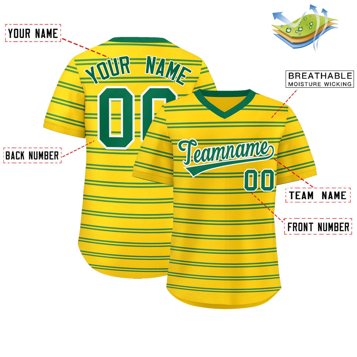 Custom Gold Kelly Green Personalized Horizontal Stripe Authentic Pullover Baseball Jersey Limited