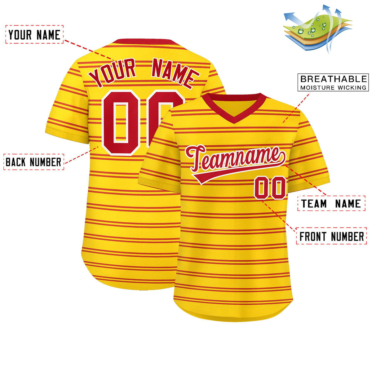 Custom Gold Red Personalized Horizontal Stripe Authentic Pullover Baseball Jersey Limited