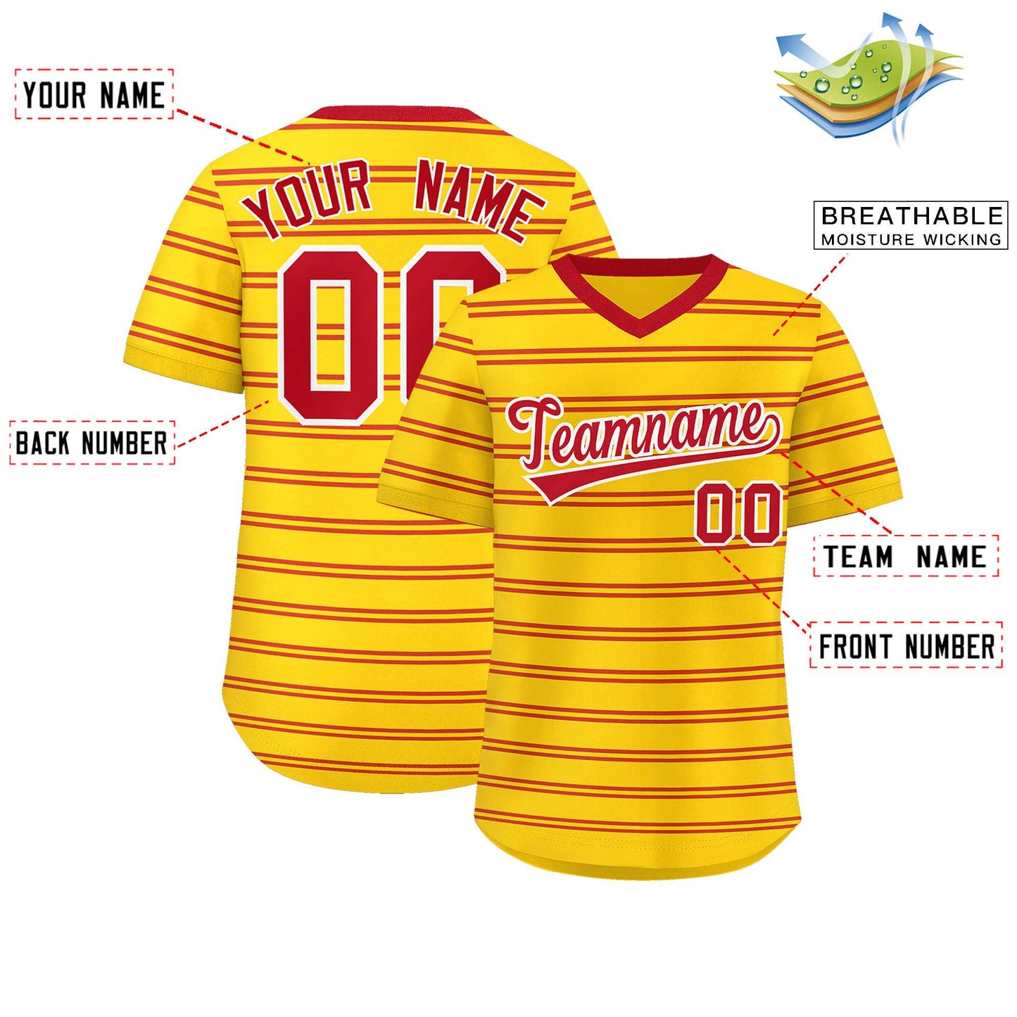 Custom Gold Red Personalized Horizontal Stripe Authentic Pullover Baseball Jersey Limited