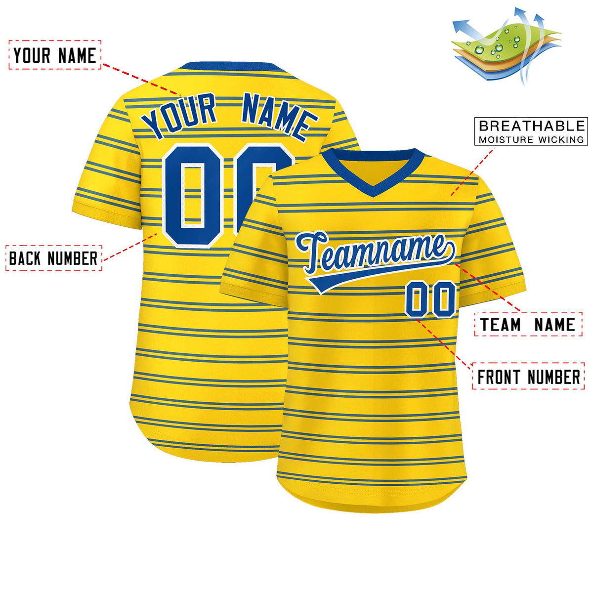 Custom Gold Royal Personalized Horizontal Stripe Authentic Pullover Baseball Jersey Limited