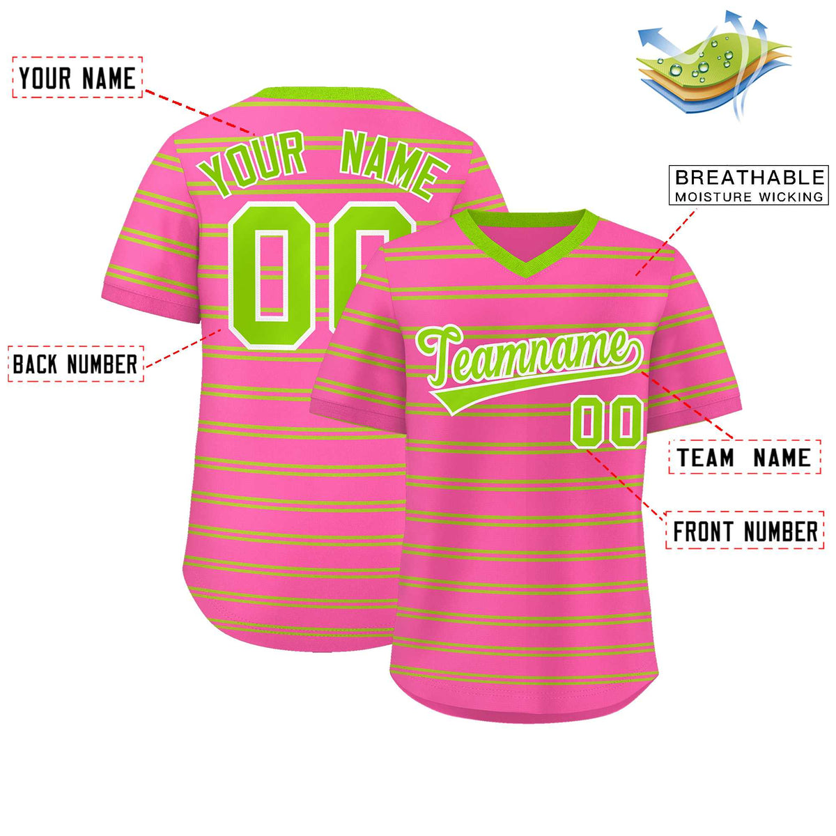 Custom Pink Neon Green Personalized Horizontal Stripe Authentic Pullover Baseball Jersey Limited