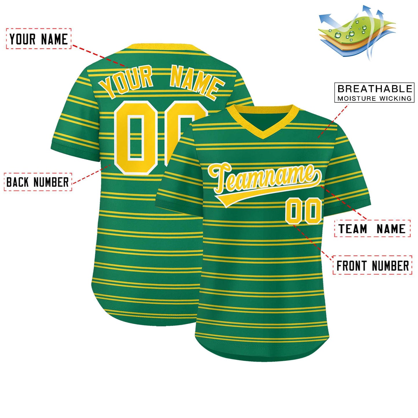 Custom Kelly Green Gold Personalized Horizontal Stripe Authentic Pullover Baseball Jersey Limited