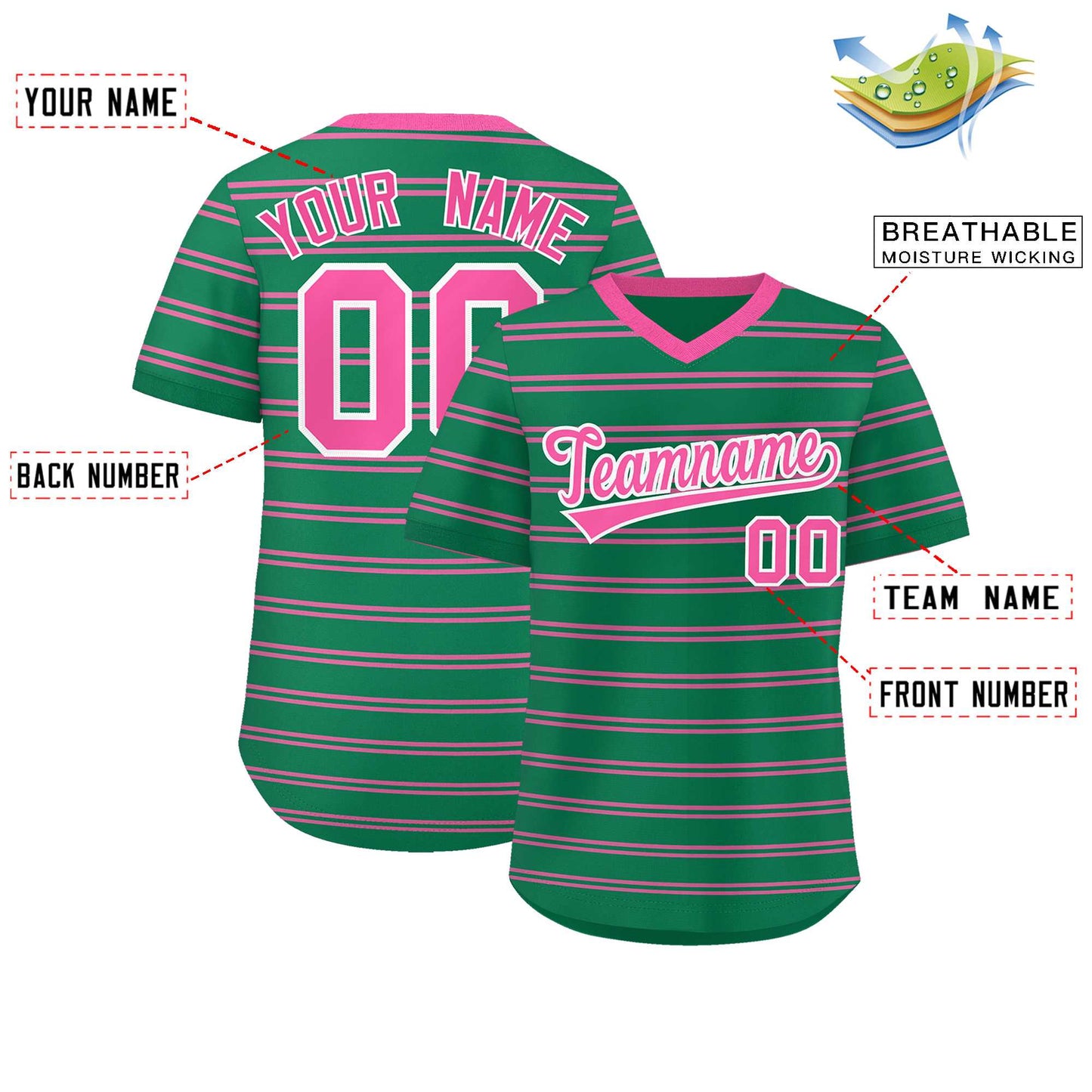 Custom Kelly Green Pink Personalized Horizontal Stripe Authentic Pullover Baseball Jersey Limited
