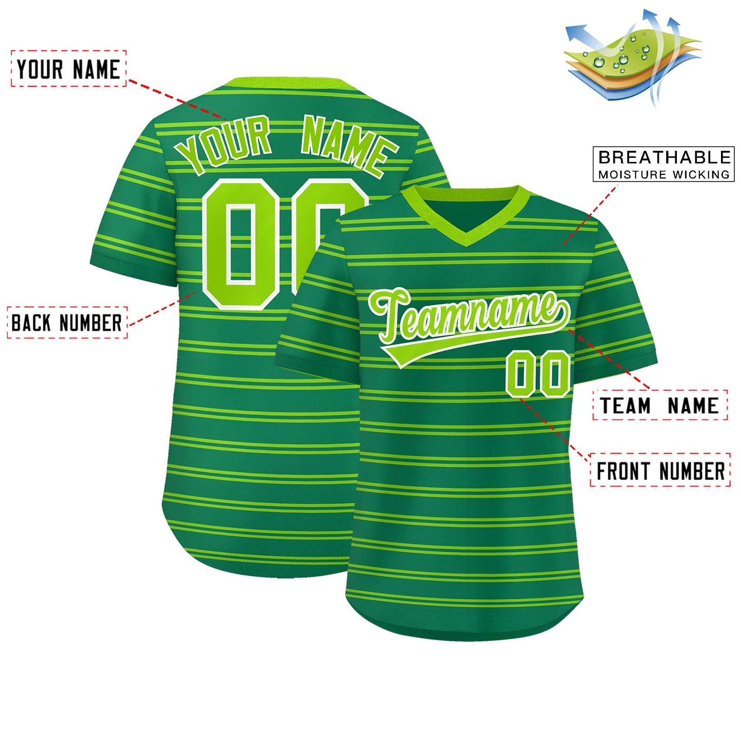 Custom Kelly Green Neon Green Personalized Horizontal Stripe Authentic Pullover Baseball Jersey Limited