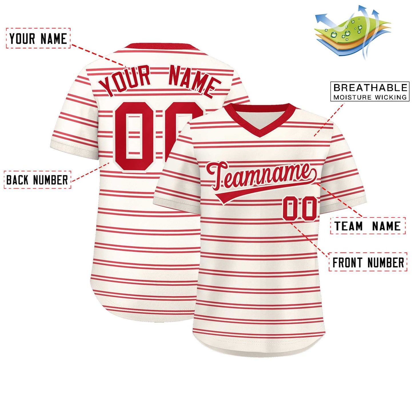 Custom Cream Red Personalized Horizontal Stripe Authentic Pullover Baseball Jersey Limited