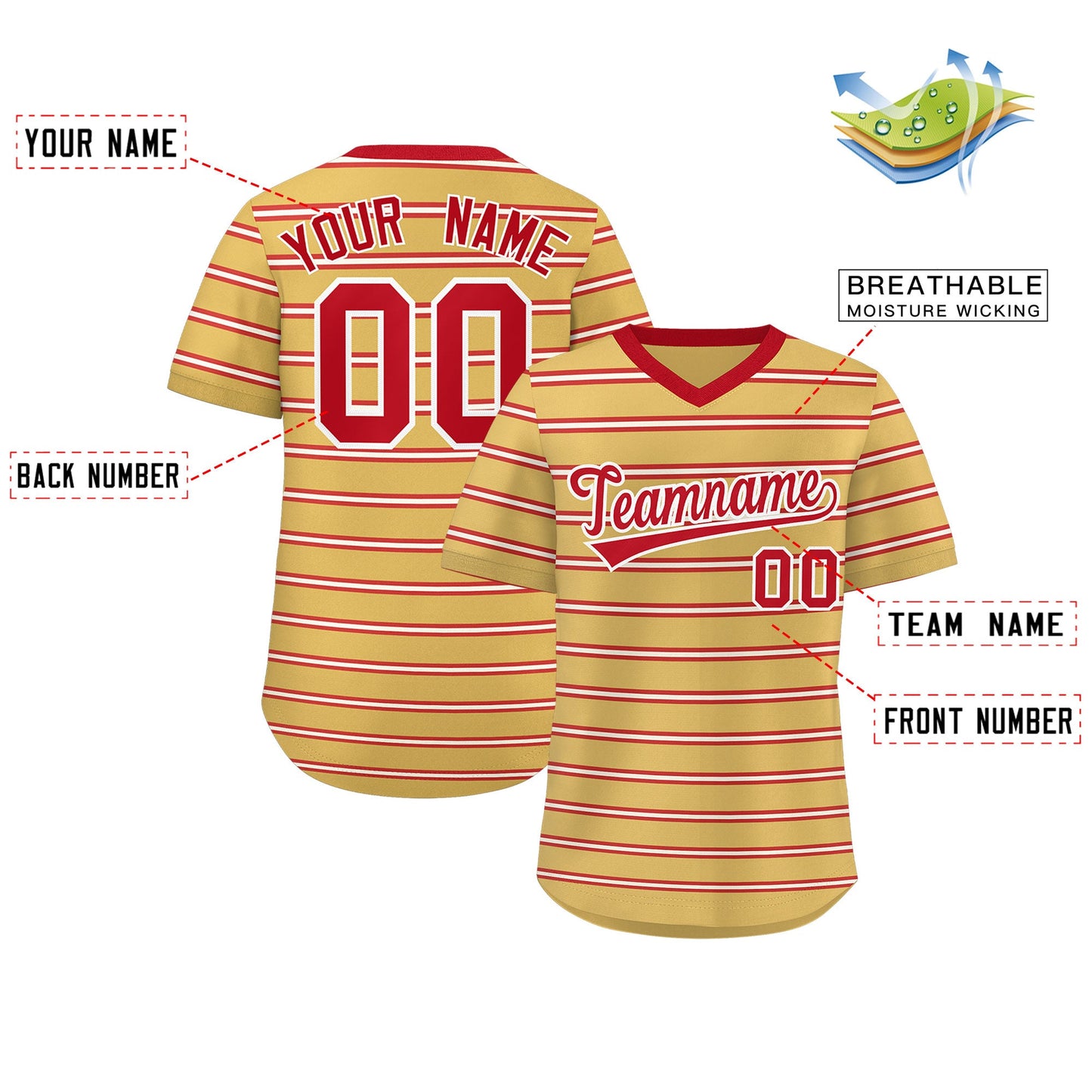 Custom Old Gold Red-White Personalized Horizontal Stripe Authentic Pullover Baseball Jersey Limited