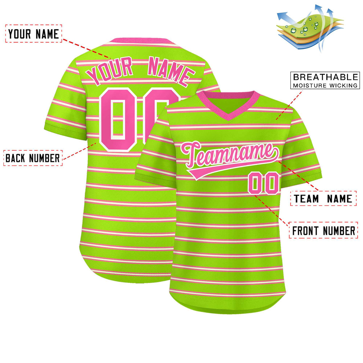 Custom Neon Green Pink-White Personalized Horizontal Stripe Authentic Pullover Baseball Jersey Limited