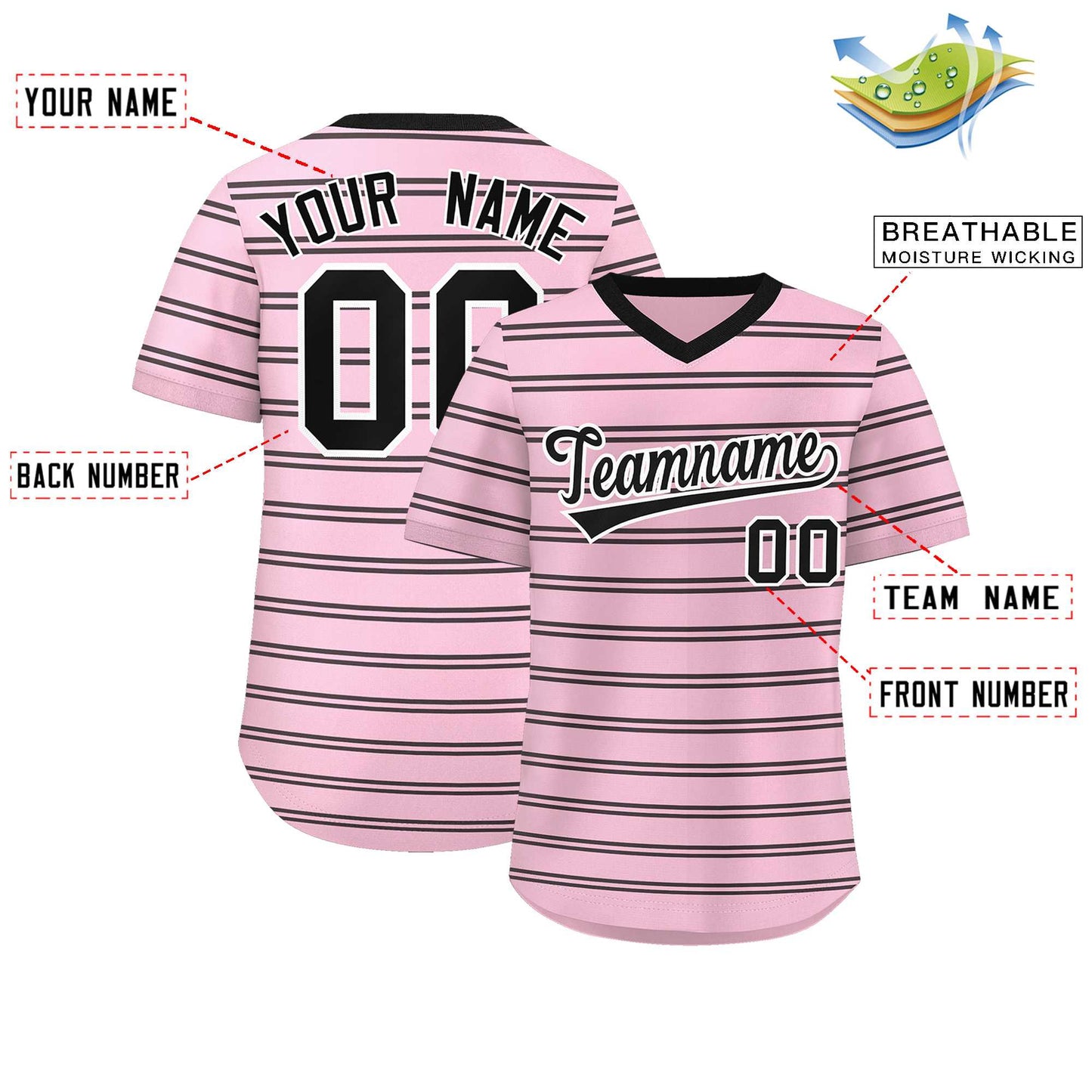 Custom Light Pink Black Personalized Horizontal Stripe Authentic Pullover Baseball Jersey Limited
