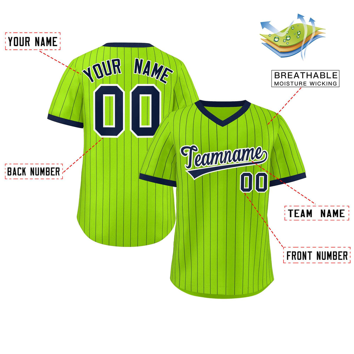 Custom Neon Green Navy Stripe Fashion Authentic Pullover Baseball Jersey Limited
