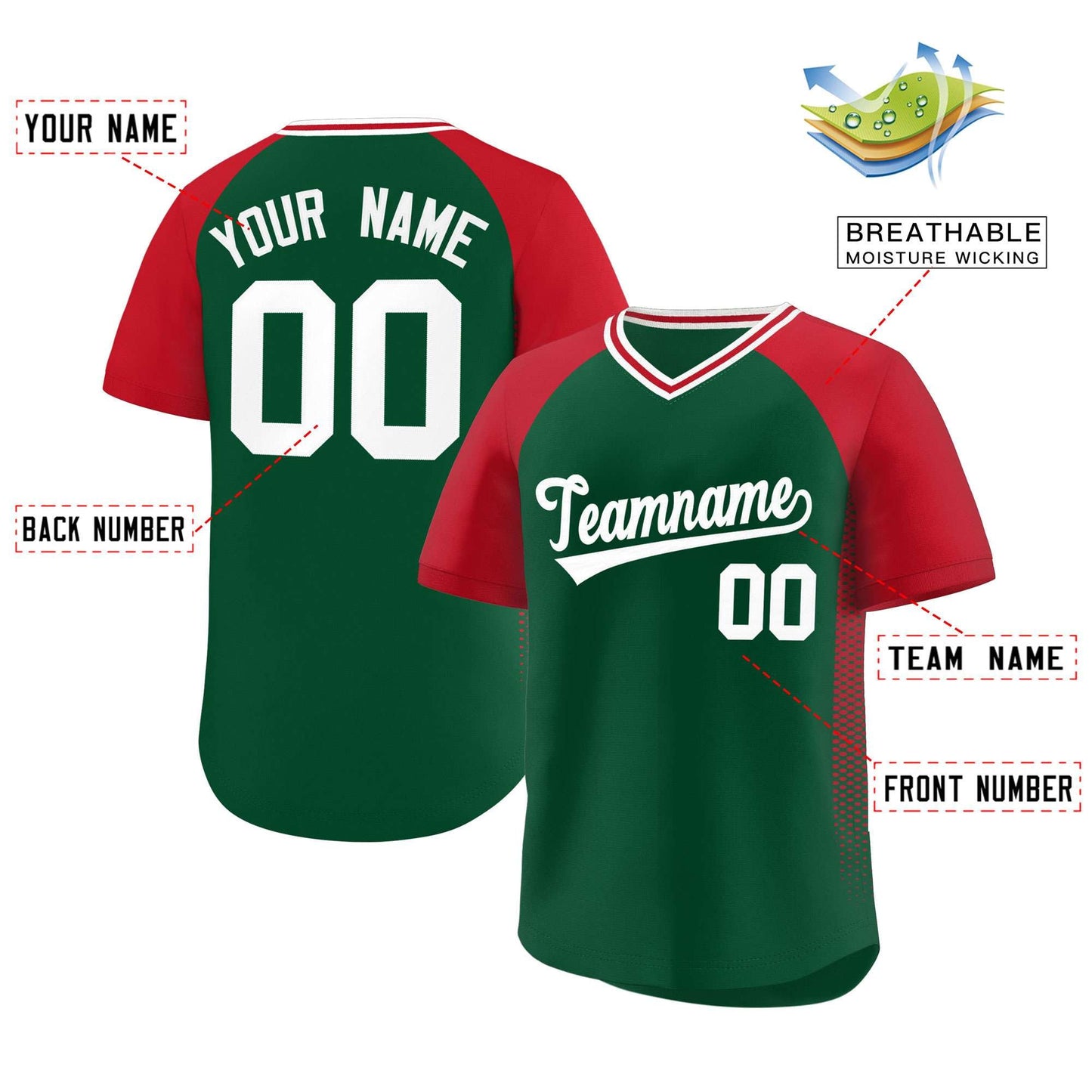 Custom Green Red Raglan Sleeves Side Spot Authentic Pullover Baseball Jersey Limited