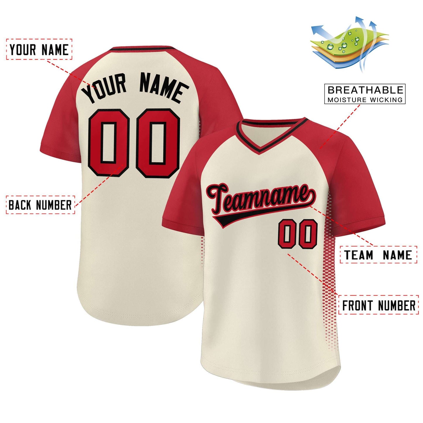 Custom Cream Red Raglan Sleeves Side Spot Authentic Pullover Baseball Jersey Limited