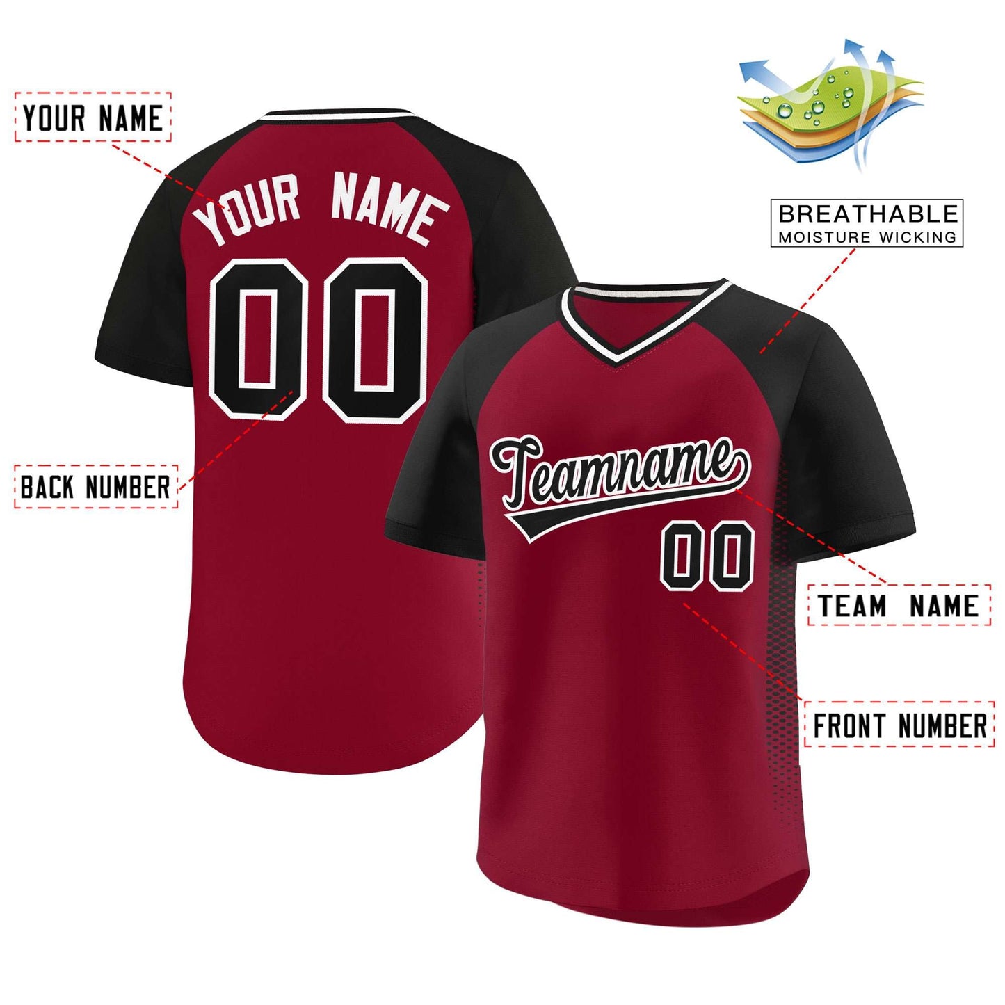 Custom Crimson Black Raglan Sleeves Side Spot Authentic Pullover Baseball Jersey Limited