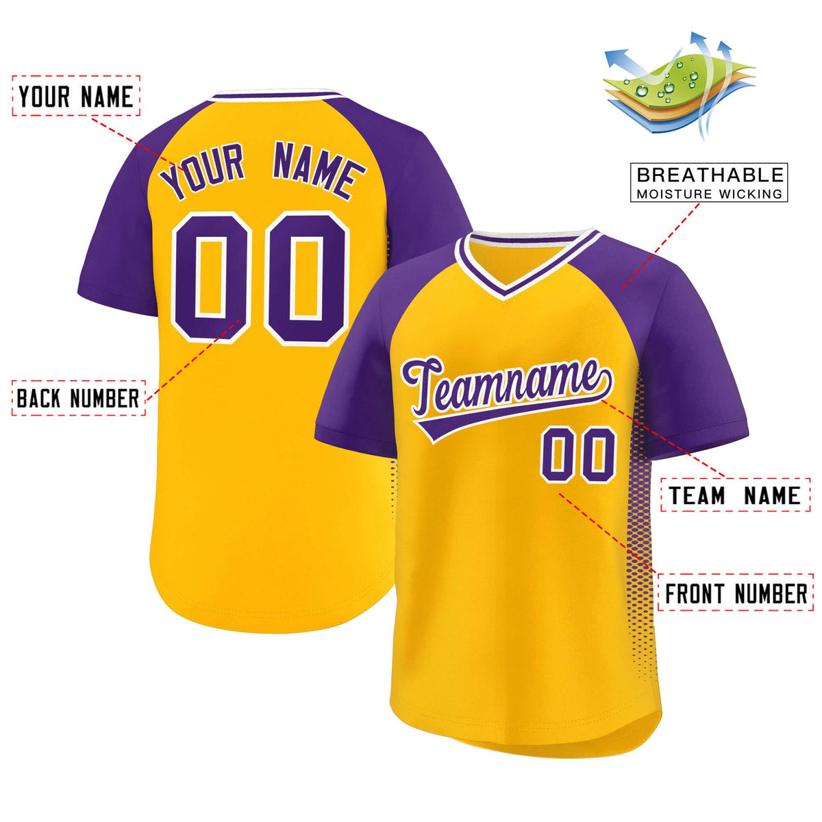 Custom Yellow Purple Raglan Sleeves Side Spot Authentic Pullover Baseball Jersey Limited