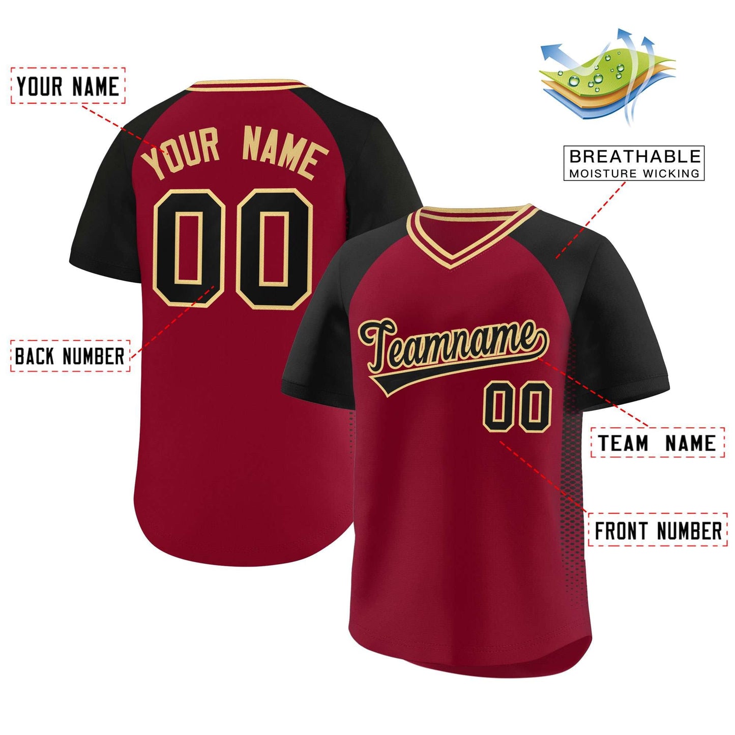Custom Crimson Black Raglan Sleeves Side Spot Authentic Pullover Baseball Jersey Limited