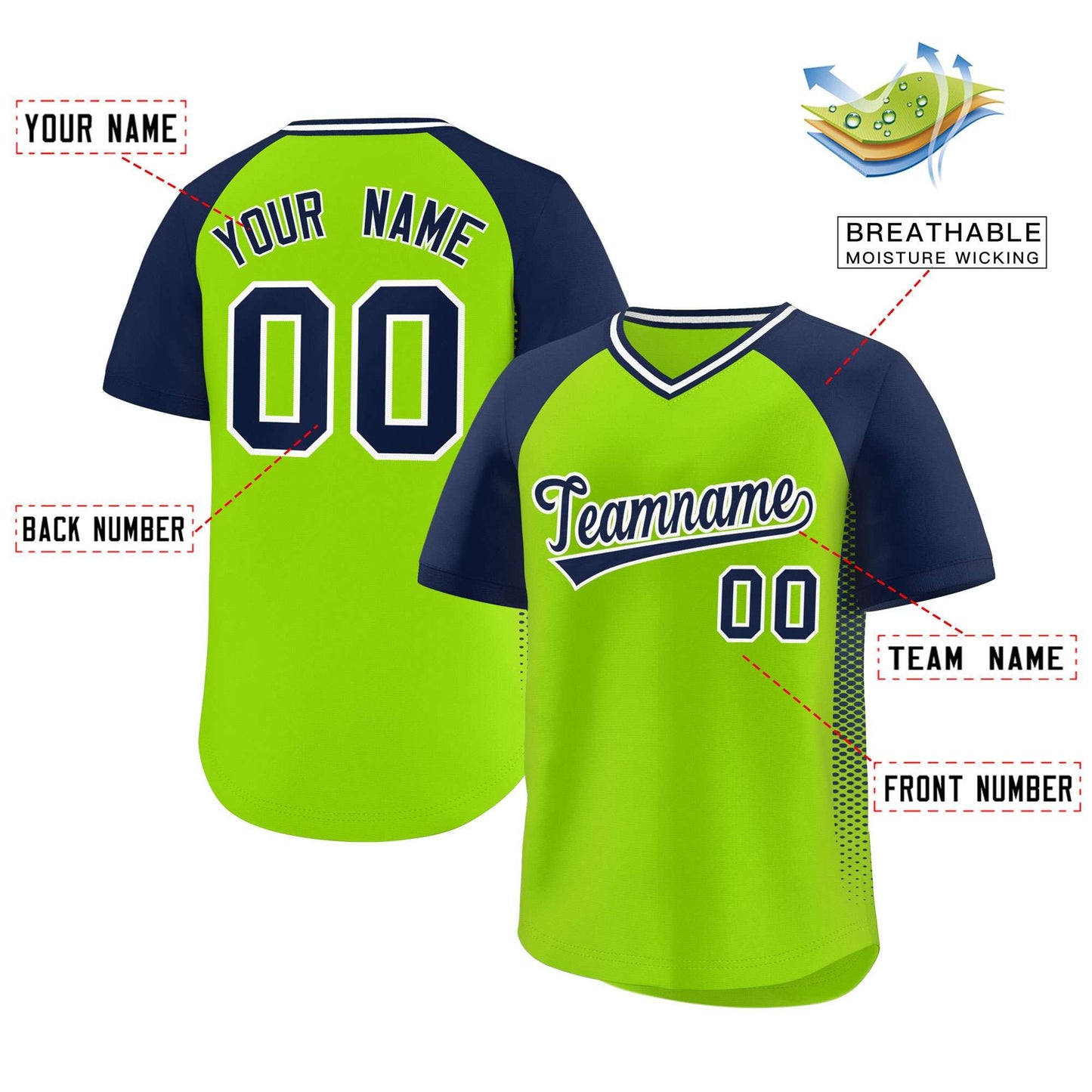 Custom Neon Green Navy Raglan Sleeves Side Spot Authentic Pullover Baseball Jersey Limited