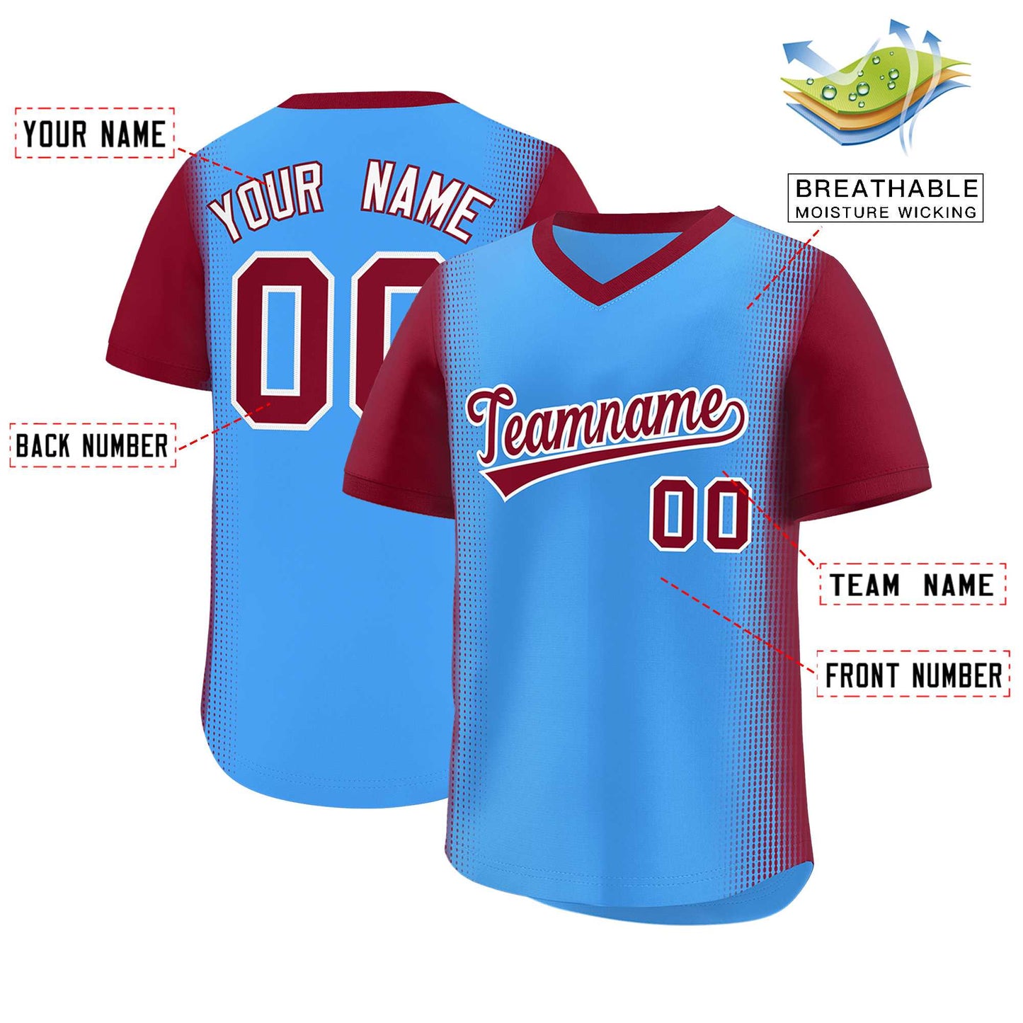 Custom Powder Blue Crimson Personalized Raglan Sleeves Authentic Pullover Baseball Jersey Limited