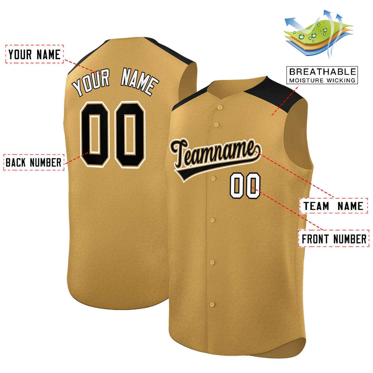 Custom Old Gold Black Personalized Classic Authentic Sleeveless Baseball Jersey Limited