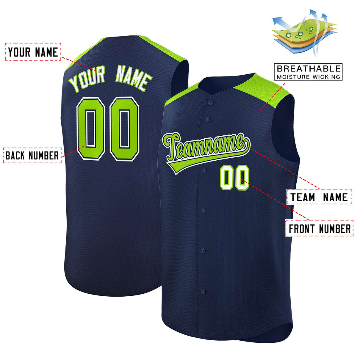 Custom Navy Neon Green Personalized Classic Authentic Sleeveless Baseball Jersey Limited