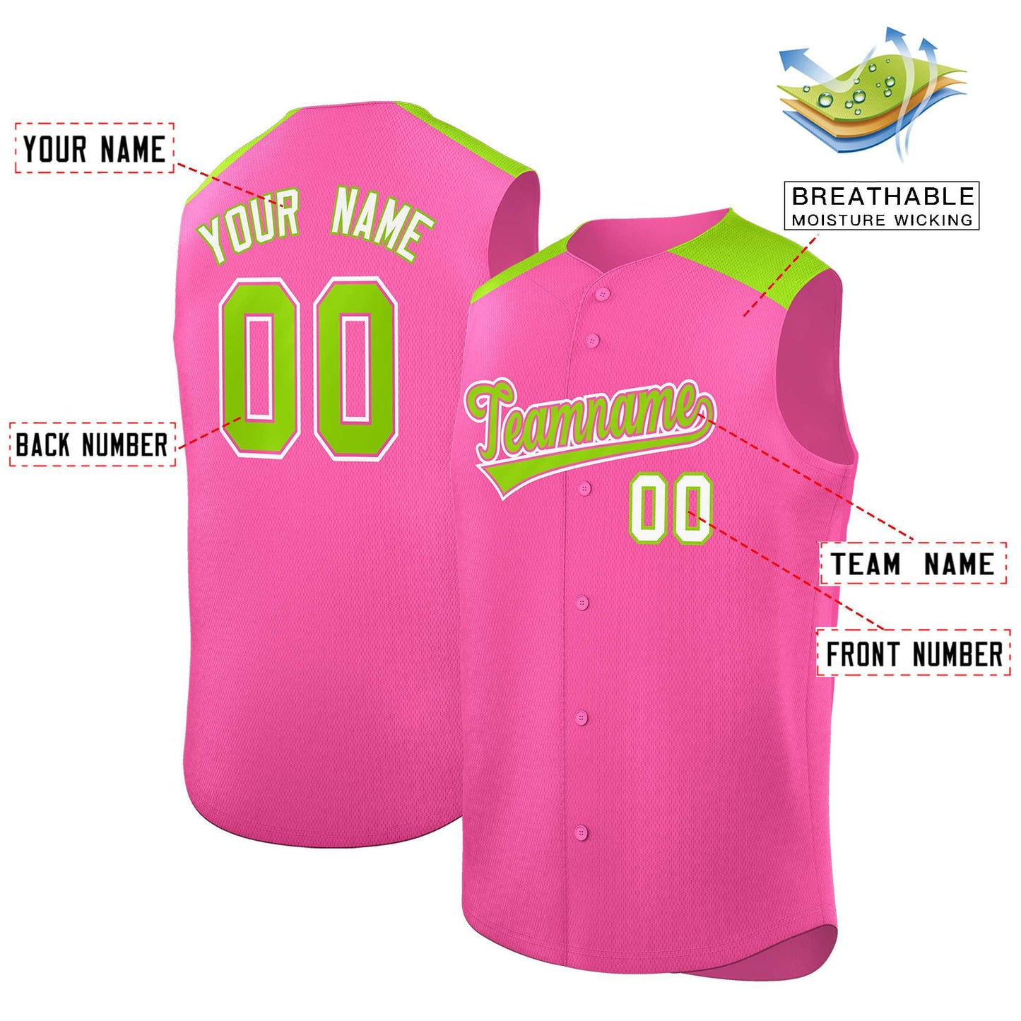 Custom Pink Neon Green Personalized Classic Authentic Sleeveless Baseball Jersey Limited