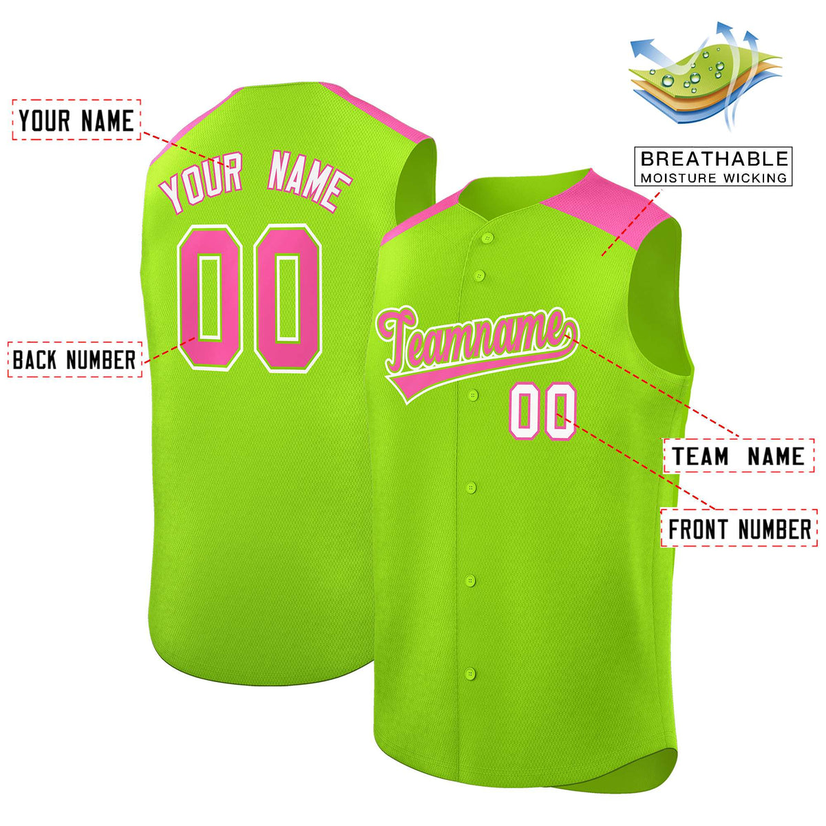 Custom Neon Green Pink Personalized Classic Authentic Sleeveless Baseball Jersey Limited