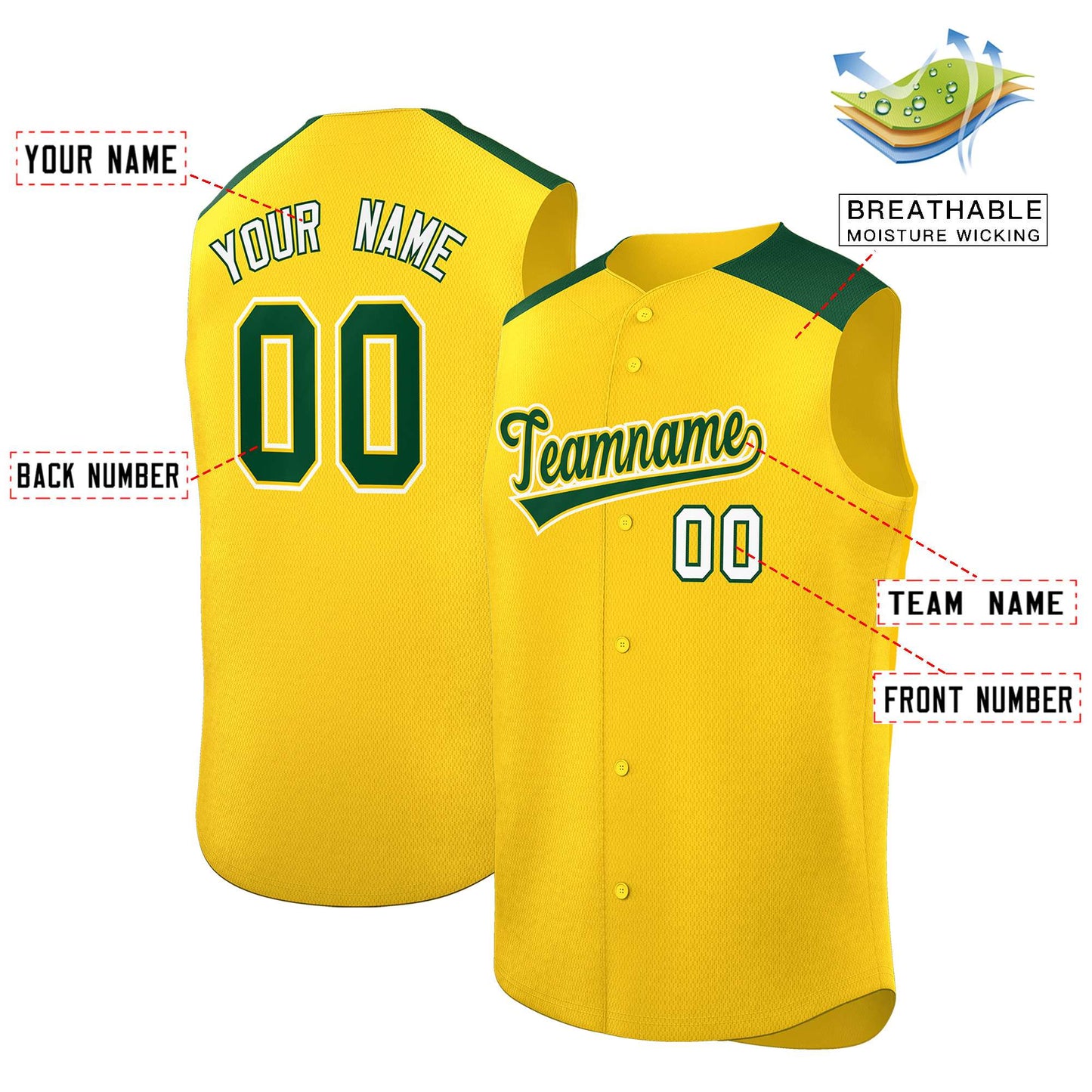 Custom Gold Green Personalized Classic Authentic Sleeveless Baseball Jersey Limited