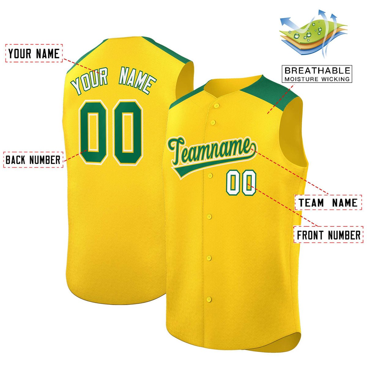 Custom Gold Kelly Green Personalized Classic Authentic Sleeveless Baseball Jersey Limited