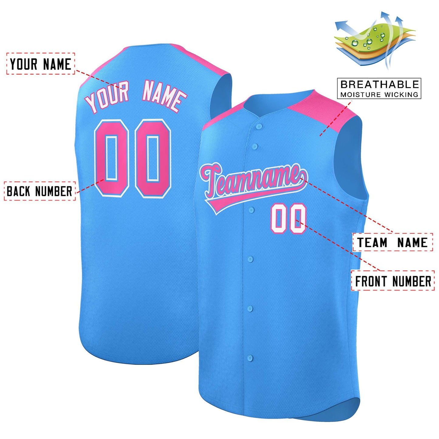 Custom Powder Blue Pink Personalized Classic Authentic Sleeveless Baseball Jersey Limited