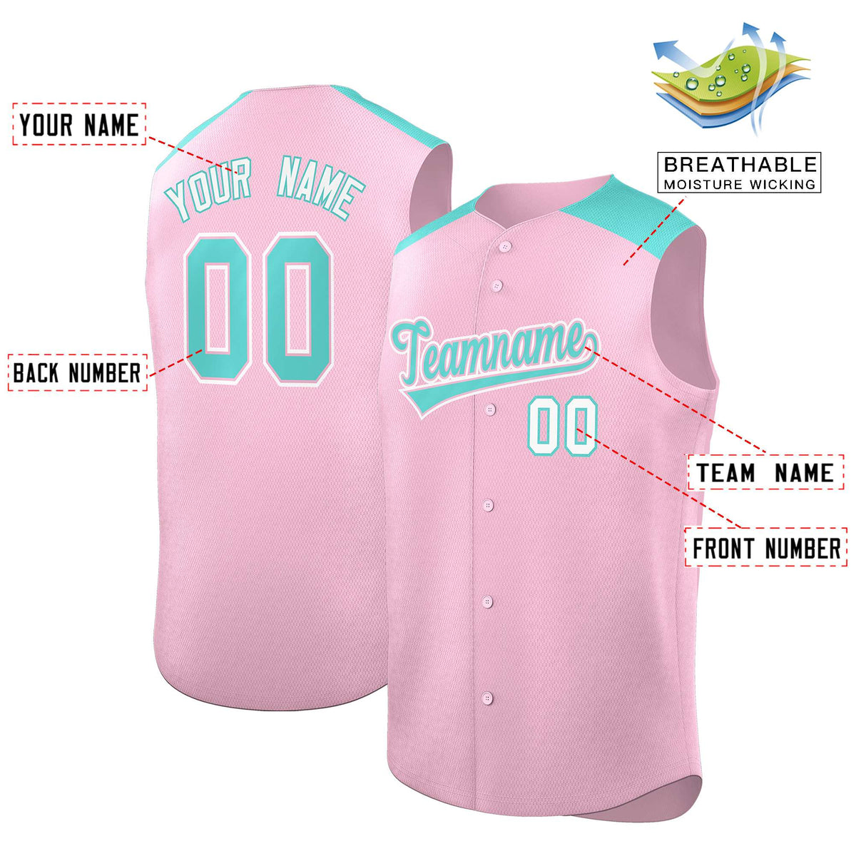 Custom Light Pink Bright Green Personalized Classic Authentic Sleeveless Baseball Jersey Limited