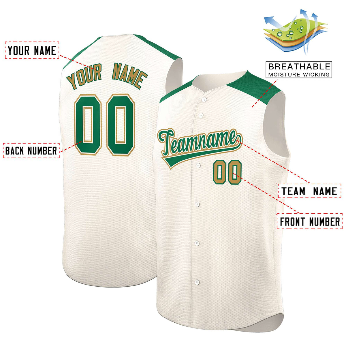 Custom Cream Kelly Green Personalized Classic Authentic Sleeveless Baseball Jersey Limited