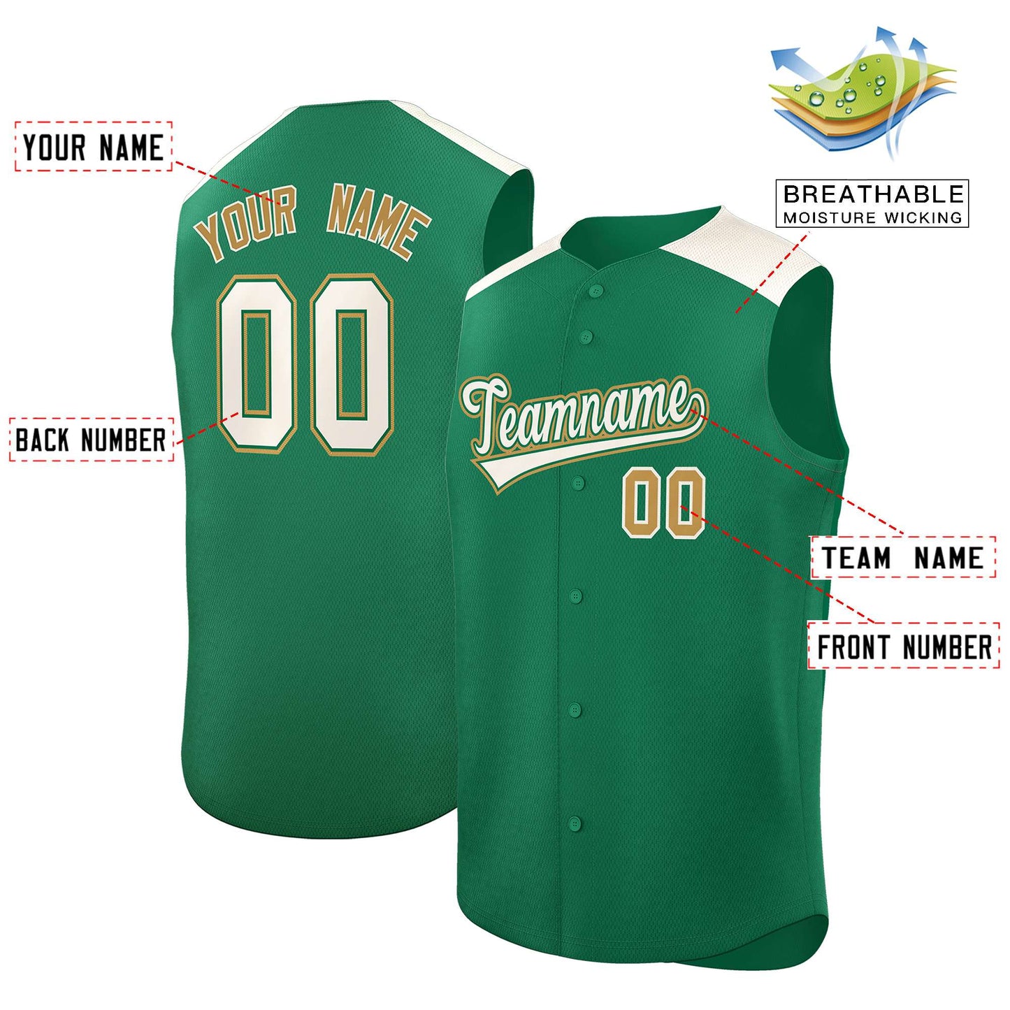 Custom Kelly Green Cream Personalized Classic Authentic Sleeveless Baseball Jersey Limited