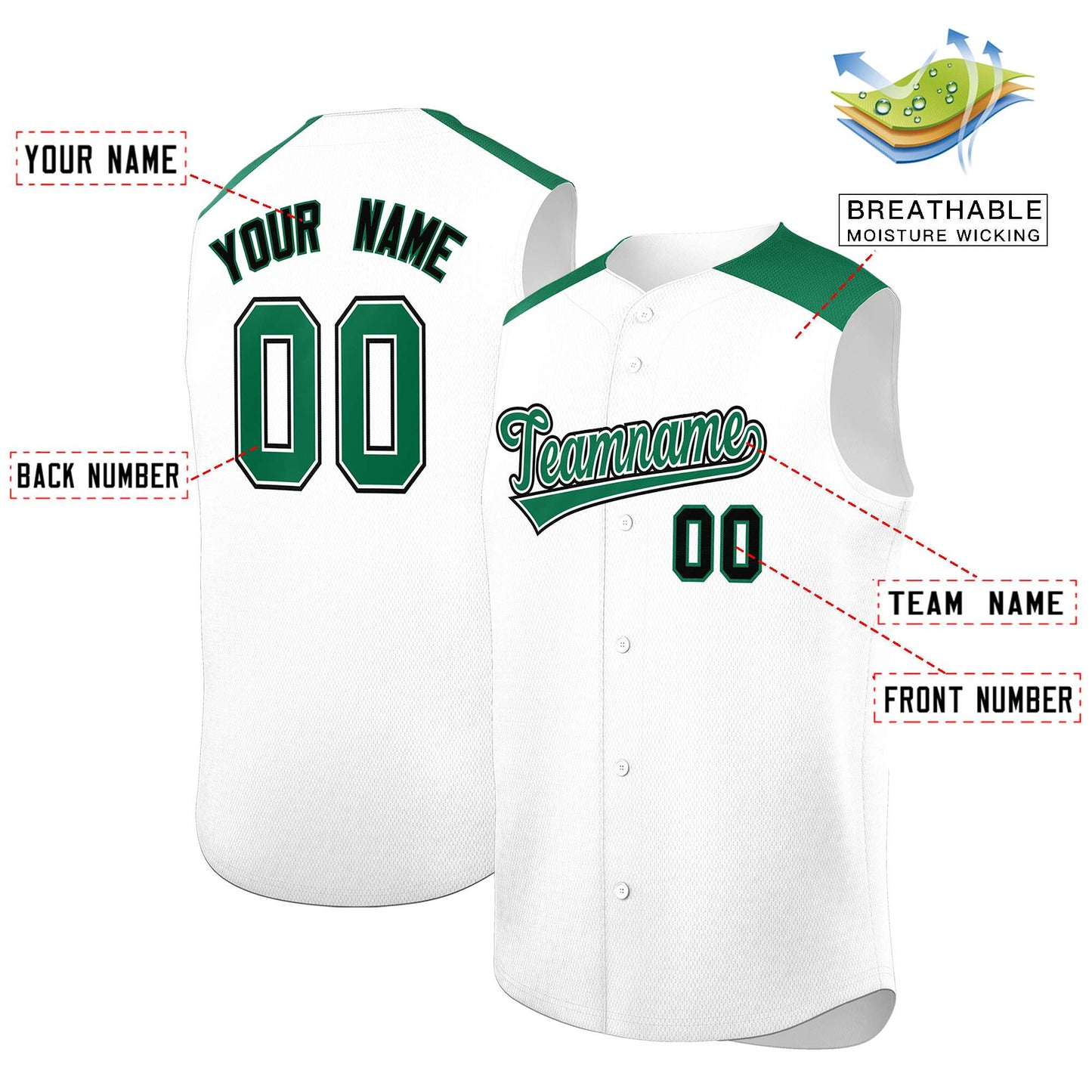 Custom White Kelly Green Personalized Classic Authentic Sleeveless Baseball Jersey Limited