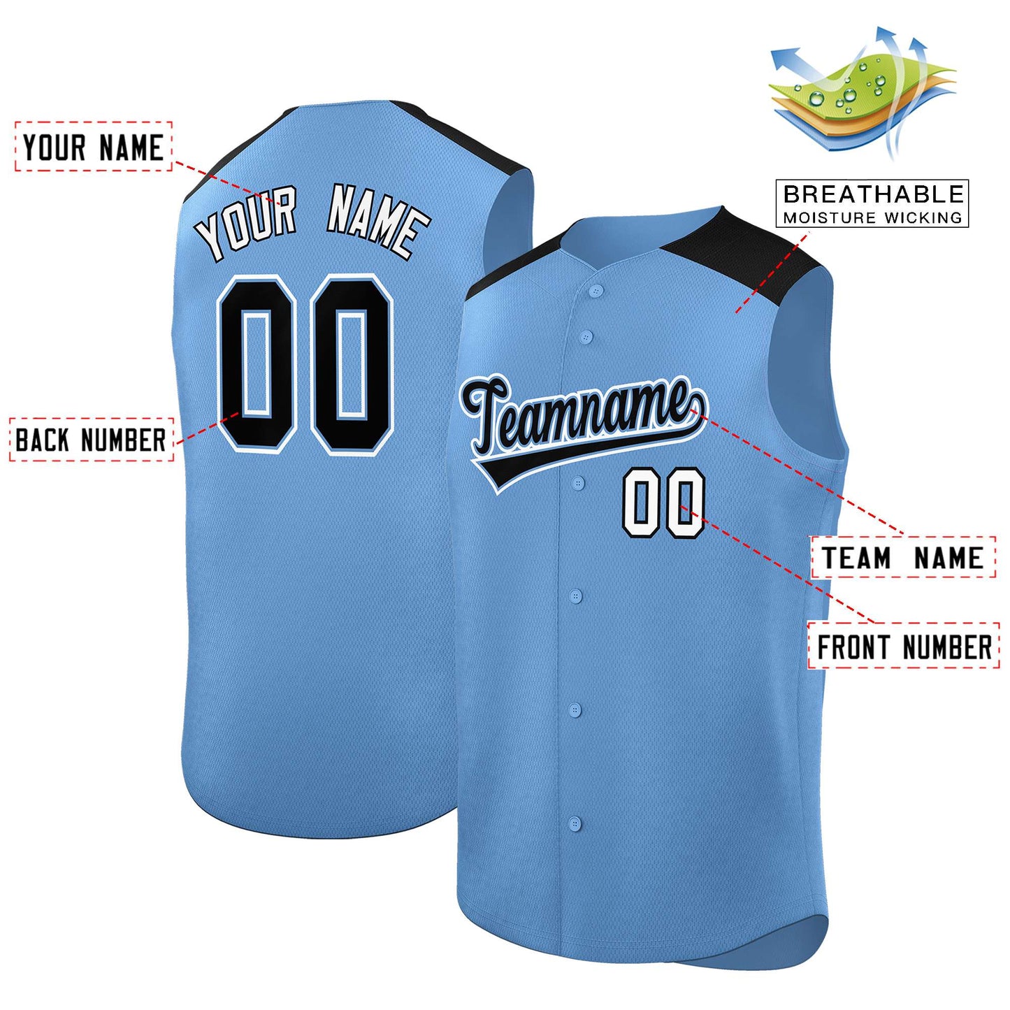 Custom Light Blue Black Personalized Classic Authentic Sleeveless Baseball Jersey Limited