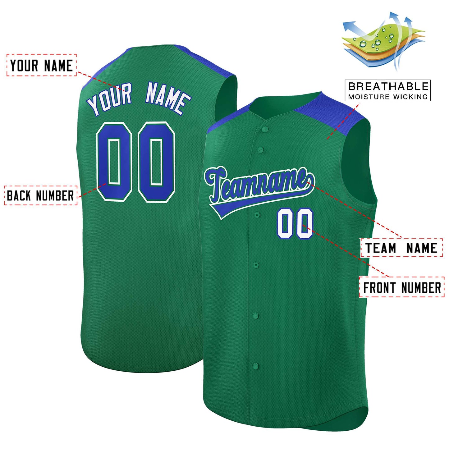 Custom Kelly Green Royal Personalized Classic Authentic Sleeveless Baseball Jersey Limited
