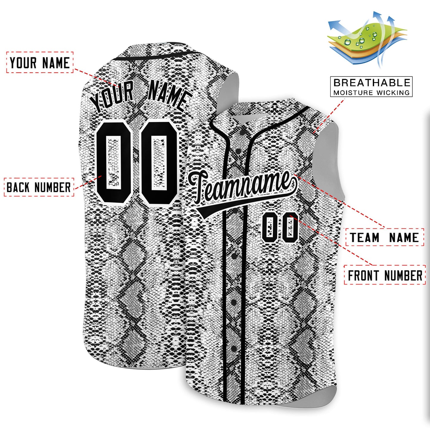 Custom Black Snakeskin Pattern Authentic Sleeveless Baseball Jersey Limited