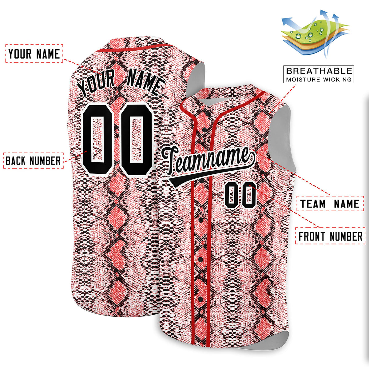 Custom Red Snakeskin Pattern Authentic Sleeveless Baseball Jersey Limited