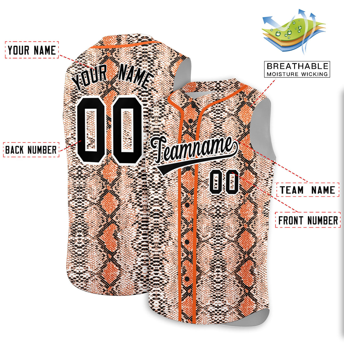 Custom Orange Snakeskin Pattern Authentic Sleeveless Baseball Jersey Limited