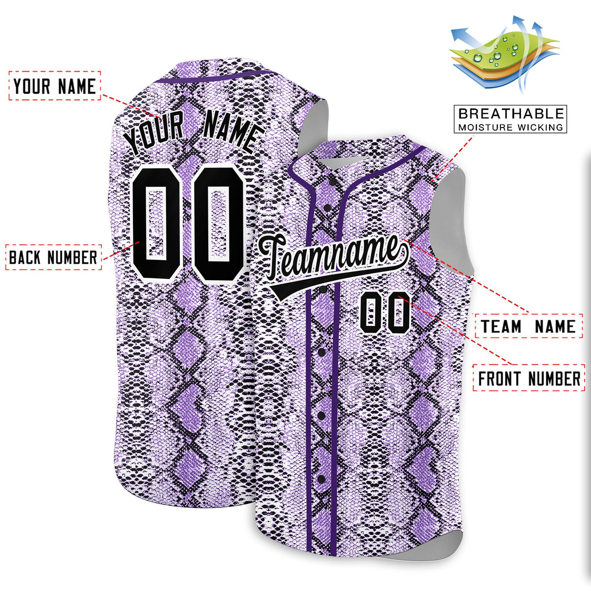 Custom Purple Snakeskin Pattern Authentic Sleeveless Baseball Jersey Limited