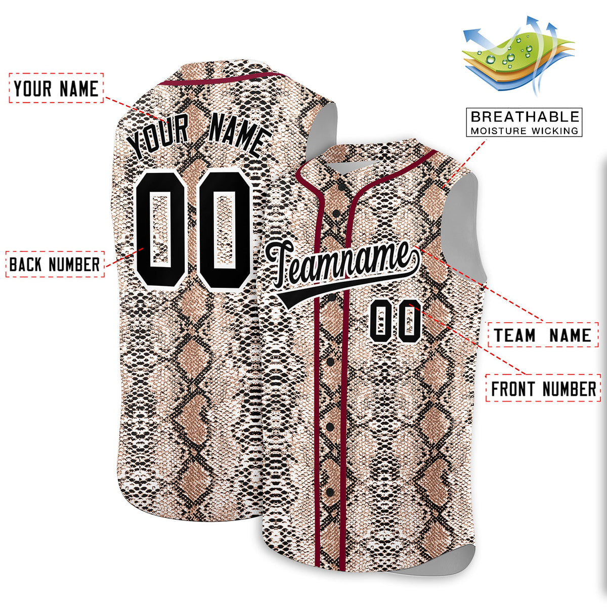Custom Crimson Snakeskin Pattern Authentic Sleeveless Baseball Jersey Limited