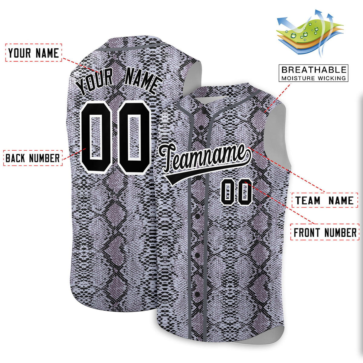 Custom Gray Snakeskin Pattern Authentic Sleeveless Baseball Jersey Limited